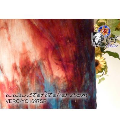 Verre "YO" rouge bleu et blanc cire 30x30cm
