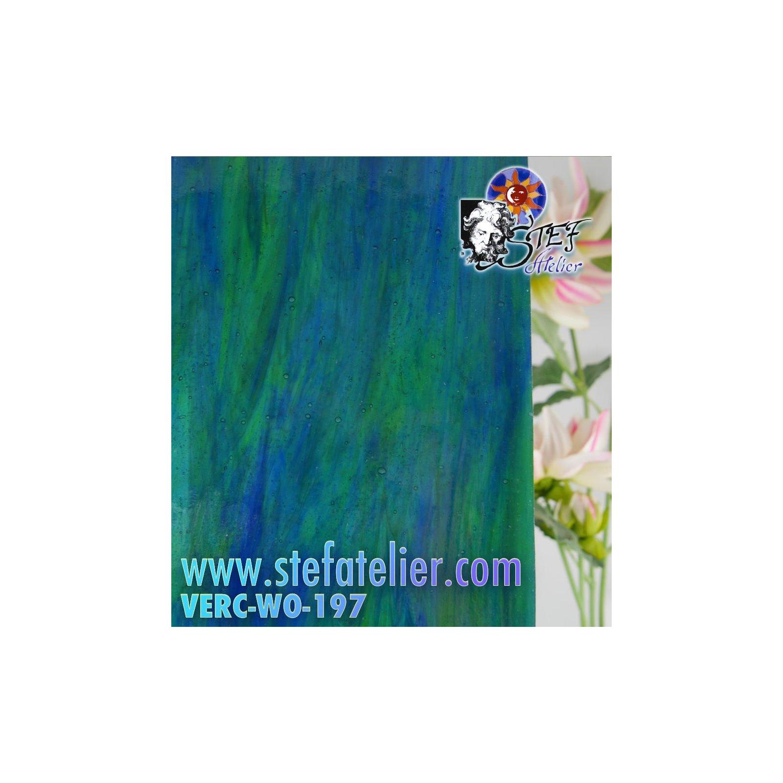 Verre vitrail "W" bleu , vert et opaline 35x27cm