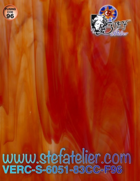 Glass "S" red orange and opaline slightly granite on one side COE96 30x30cm