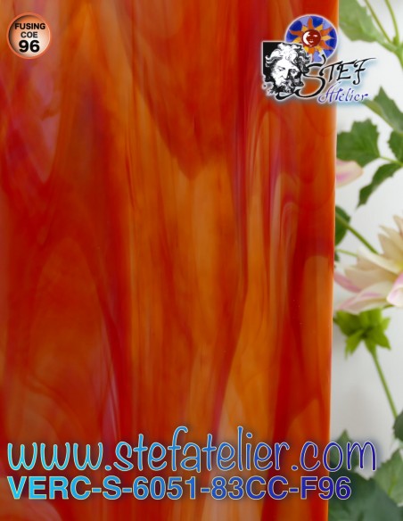 Glass "S" red orange and opaline slightly granite on one side COE96 30x30cm