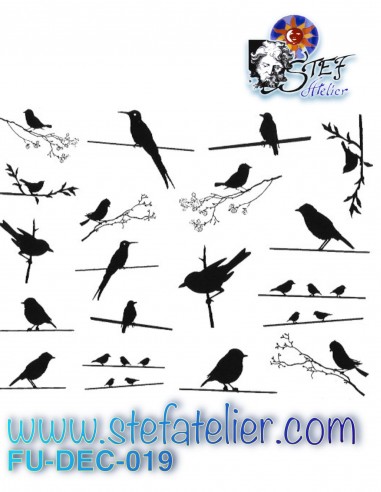 Decalcomania board of 18 small motives birds on wire 13.3x10cm