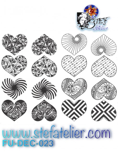 Decal board of 16 small black modern hearts patterns