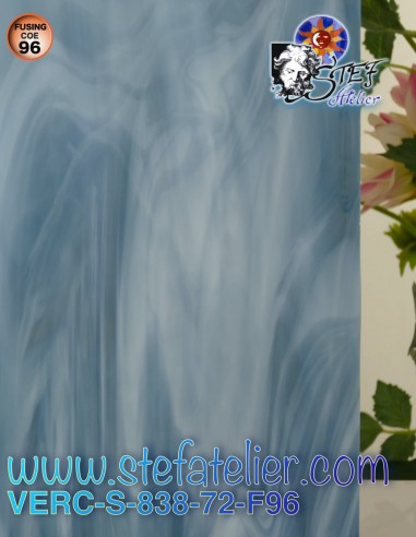 Verre "S" gris bleu et blanc opaline bariolé COE96 30x30cm