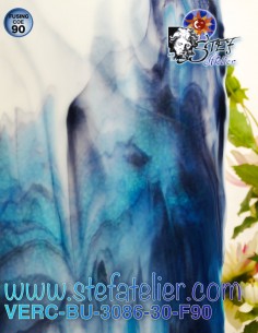 Opaque white and blue "BU" glass on transparent COE90 29x25cm